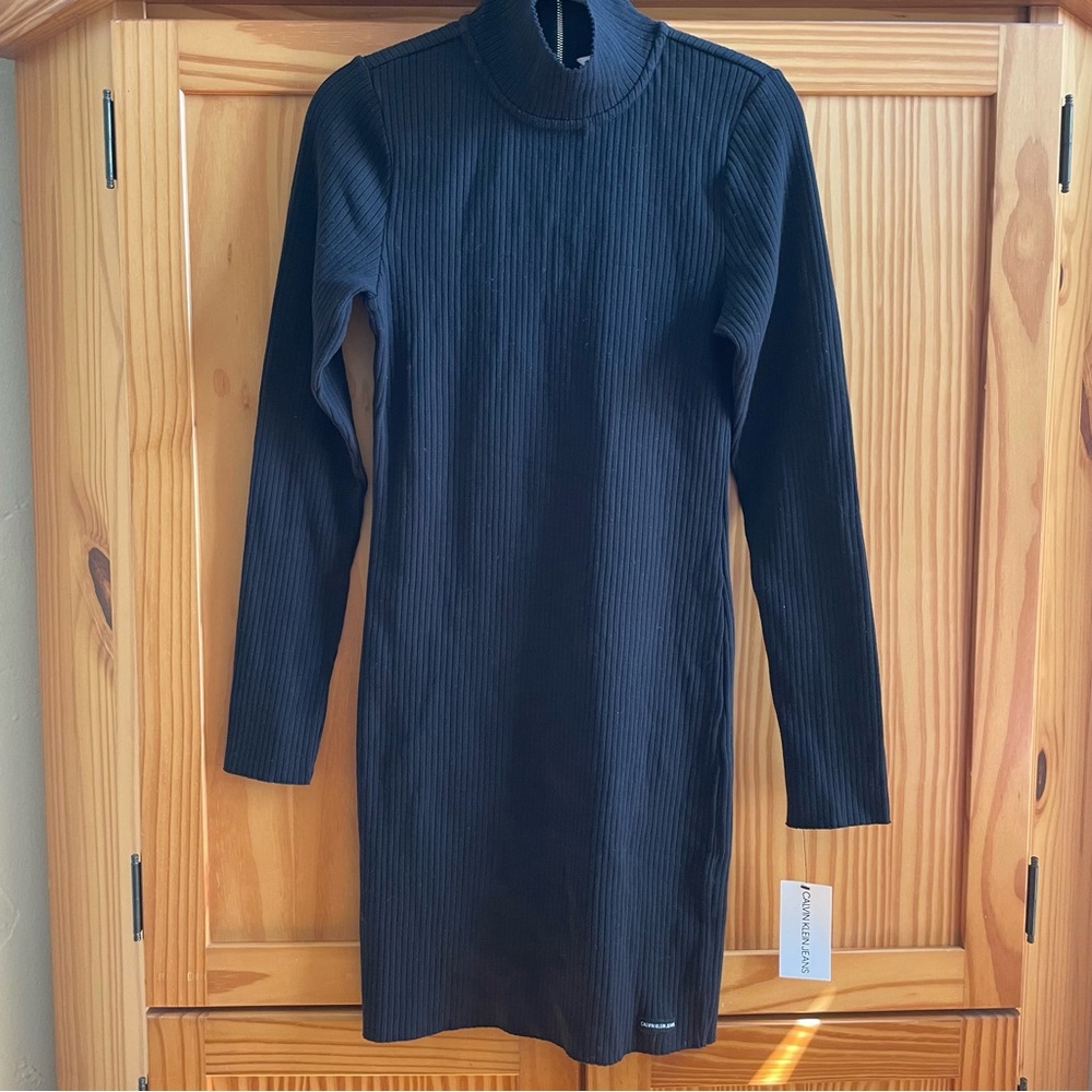 Calvin Klein Jeans Black Ribbed Mock Neck Long Sleeve Dress NWT